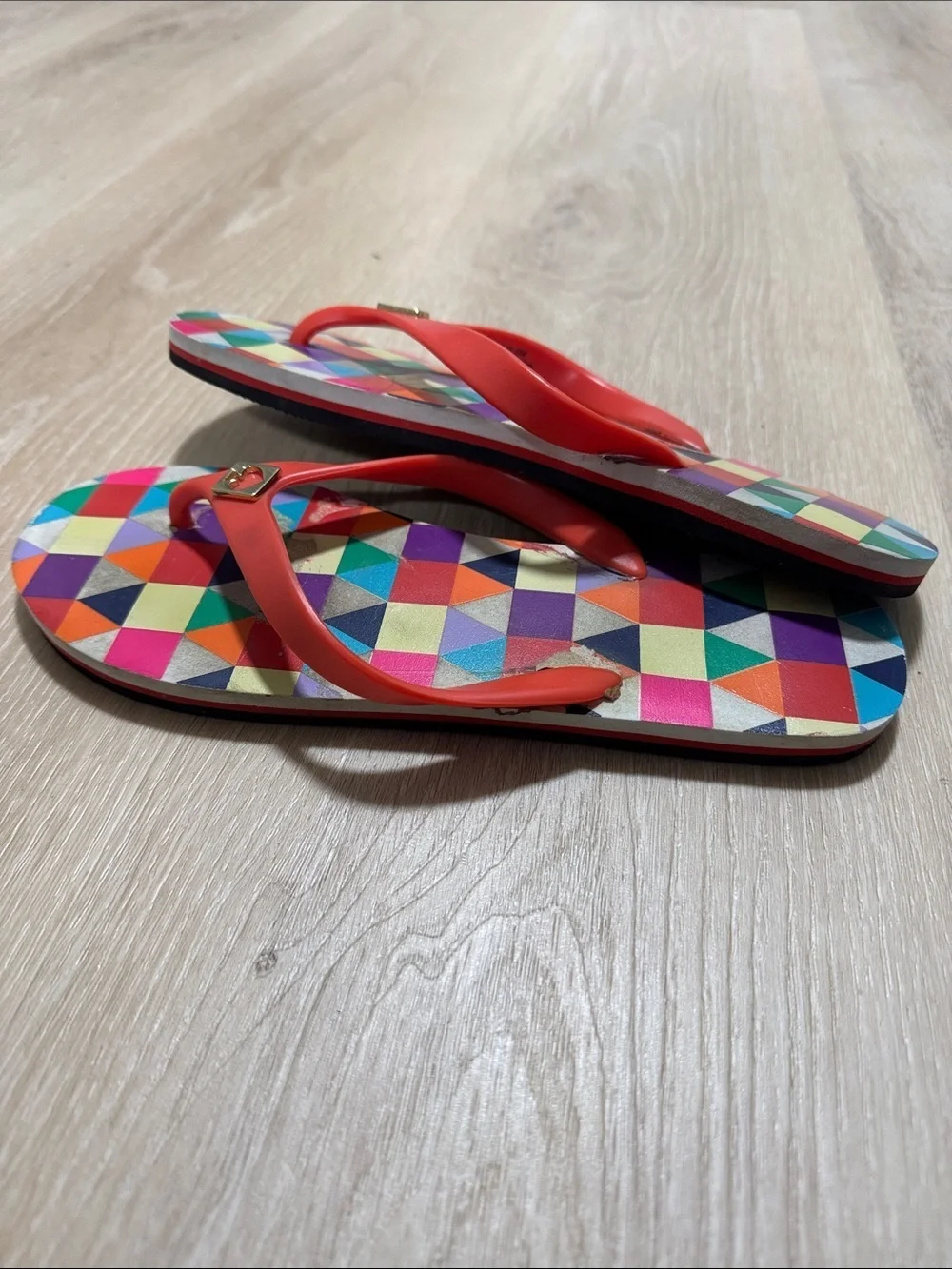 kate spade Multicolor Geometric Flip Flops with Red Straps